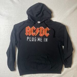 AC/DC Hoodie Mens Large Black Plug Me In Band Graphic‎ Pullover Sweateshirt